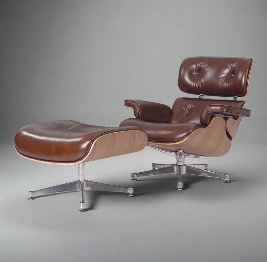 Eames Inspired Deluxe Lounge Chair & Ottoman in Vinatge Tan Waxed Leather & Walnut Wood