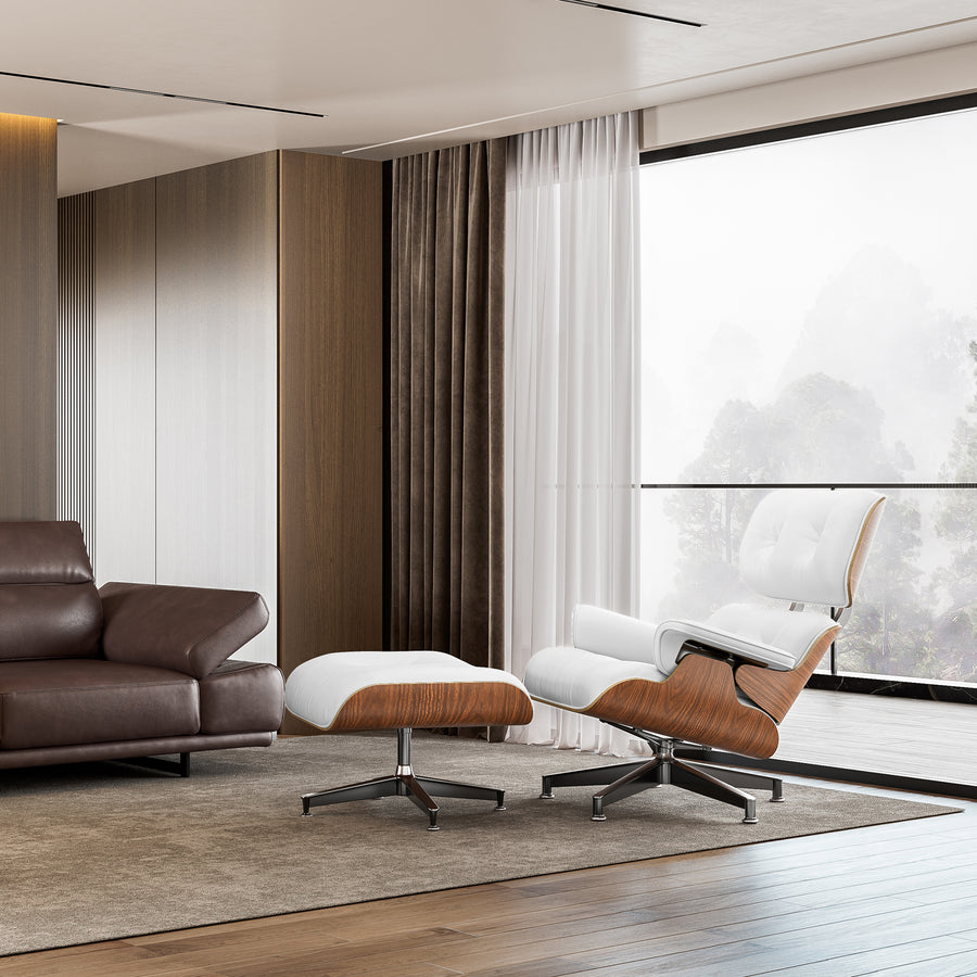 Charles Eames Style XL Version Lounge Chair & Ottoman - Walnut wood Black & White