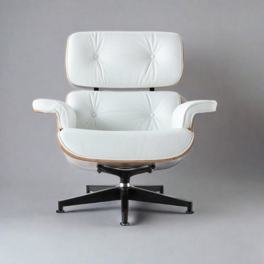 Eames Inspired Mid-Century Lounge Chair & Ottoman - Walnut Wood & White