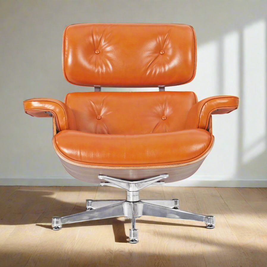 Eames Inspired Deluxe Lounge Chair & Ottoman in Burnt Orange Waxed Leather & Walnut Wood