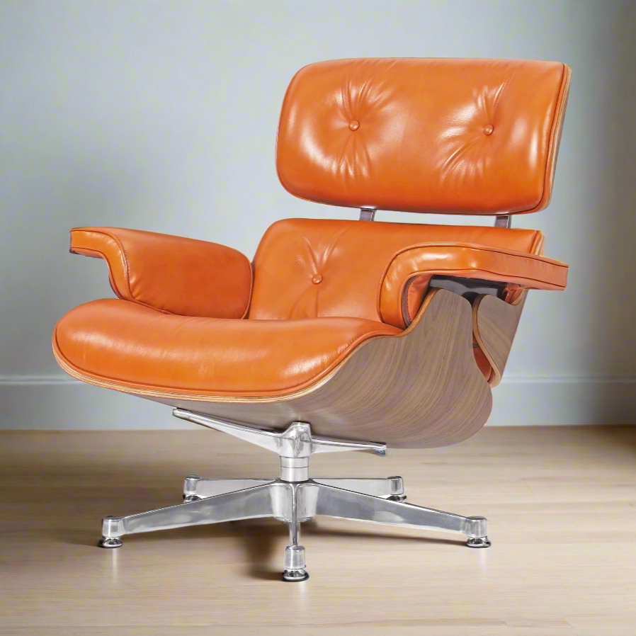 Eames Inspired Deluxe Lounge Chair & Ottoman in Burnt Orange Waxed Leather & Walnut Wood