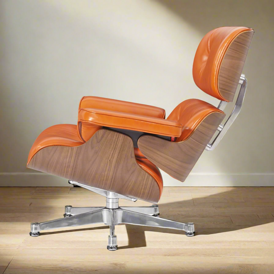 Eames Inspired Deluxe Lounge Chair & Ottoman in Burnt Orange Waxed Leather & Walnut Wood