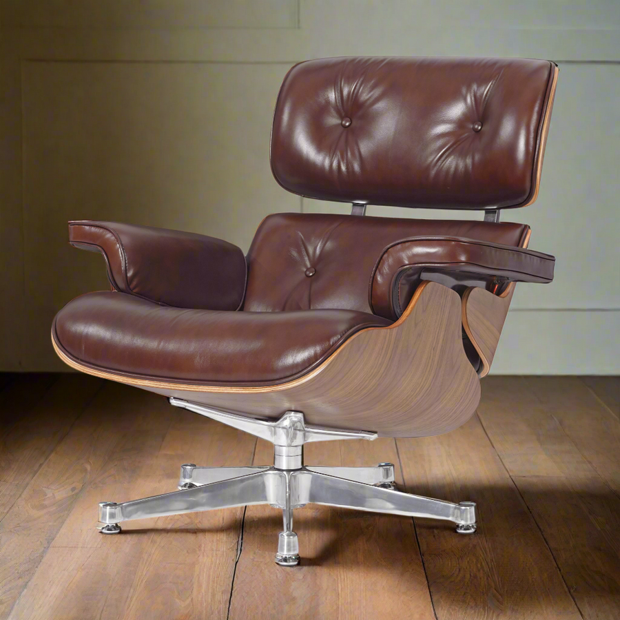Eames Inspired Deluxe Lounge Chair & Ottoman in Vinatge Tan Waxed Leather & Walnut Wood