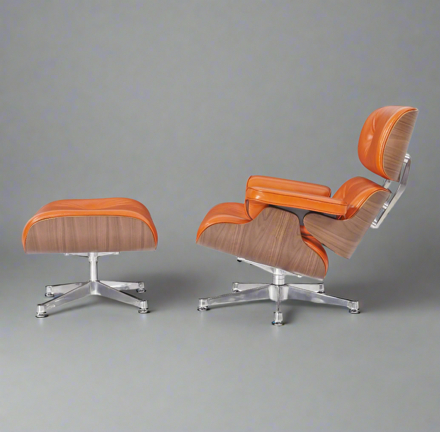 Eames Inspired Deluxe Lounge Chair & Ottoman in Burnt Orange Waxed Leather & Walnut Wood