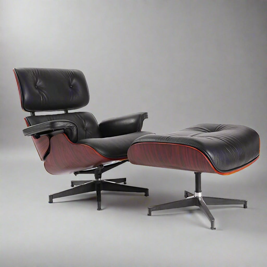 Eames Inspired Lounge Chair & Ottoman in Dark Rose Wood & Black Leather