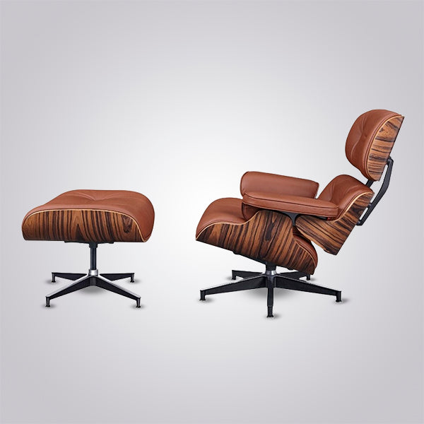 Charles Eames Inspired Iconic Style Lounge Chair & Ottoman - Rosewood & Tan brown