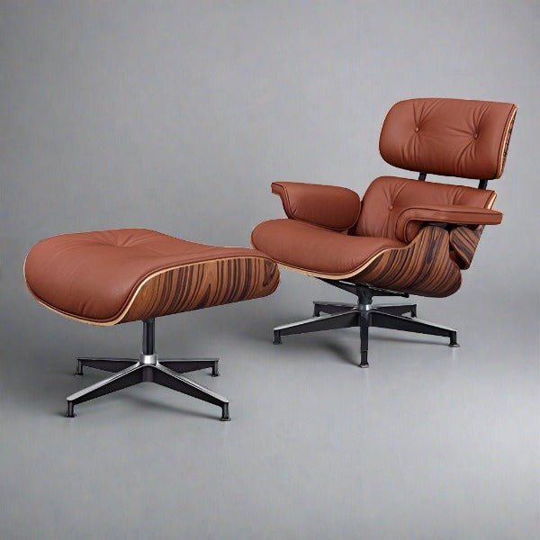 Eames Inspired Iconic Style Lounge Chair & Ottoman in Rose Wood Chocolate Brown