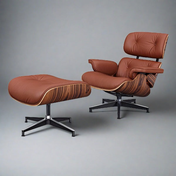Charles Eames Inspired Iconic Style Lounge Chair & Ottoman - Rosewood & Tan brown