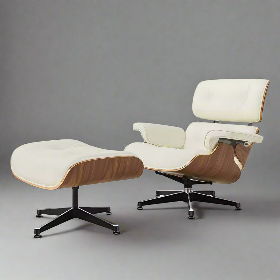 Charles Eames Style XL Version Lounge Chair & Ottoman - Walnut wood & Ivory White
