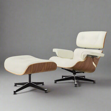 Charles Eames Inspired Iconic Style Lounge Chair & Ottoman - Walnut Wood & Ivory White
