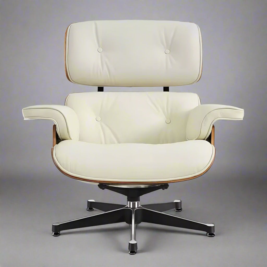 Charles Eames Inspired Iconic Style Lounge Chair & Ottoman - Walnut Wood & Ivory White