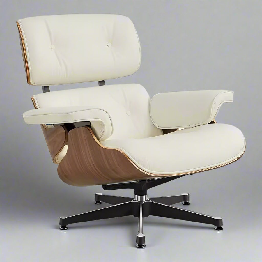 Charles Eames Inspired Iconic Style Lounge Chair & Ottoman - Walnut Wood & Ivory White