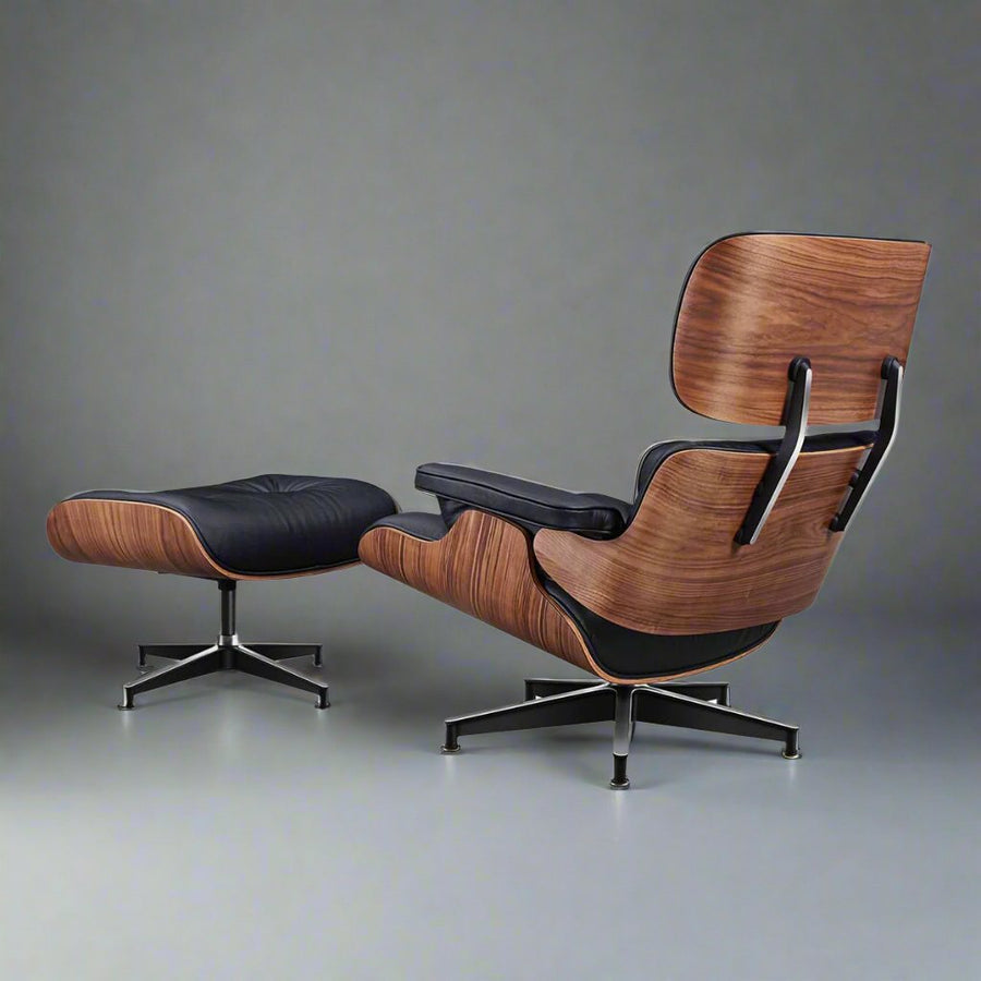 Charles Eames Style XL Version Lounge Chair & Ottoman - Walnut wood Black & White