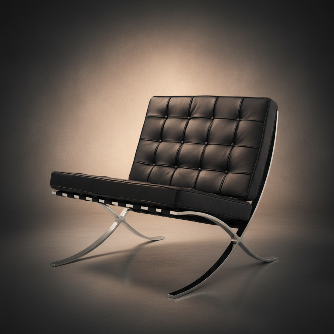 A modern black leather lounge chair with a tufted backrest and curved chrome metal legs.