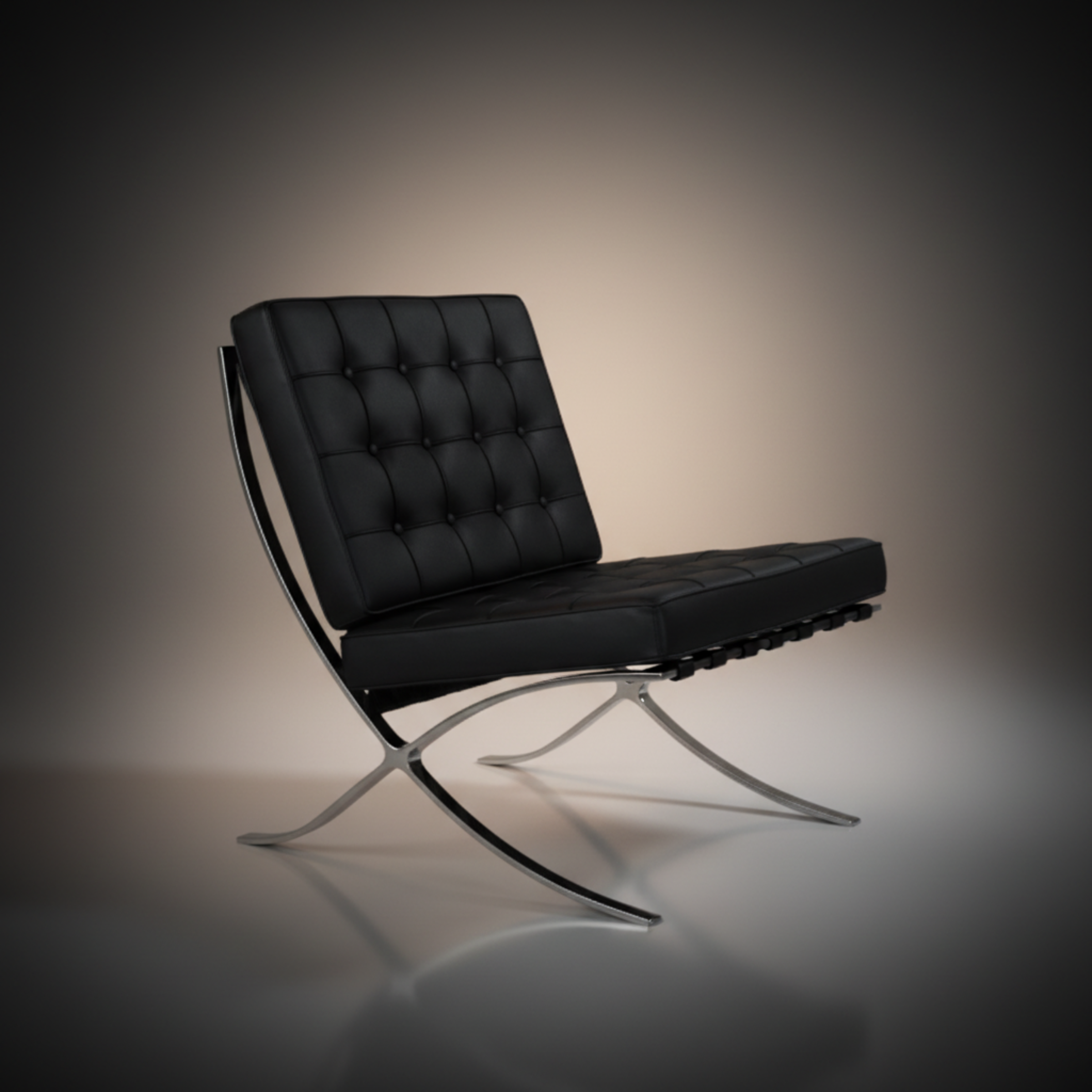 A modern black leather lounge chair with a tufted backrest and a curved chrome metal base.