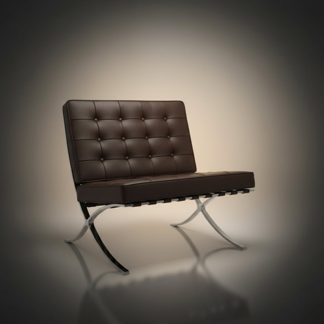 A modern tufted leather armchair with a dark brown cushioned seat and backrest, supported by a chrome X-frame base.