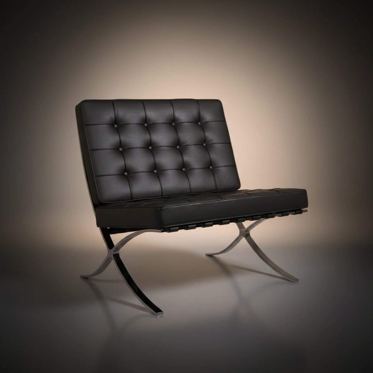 A modern dark greyk leather tufted lounge chair with a curved chrome metal base, photographed against a dark gray studio background.