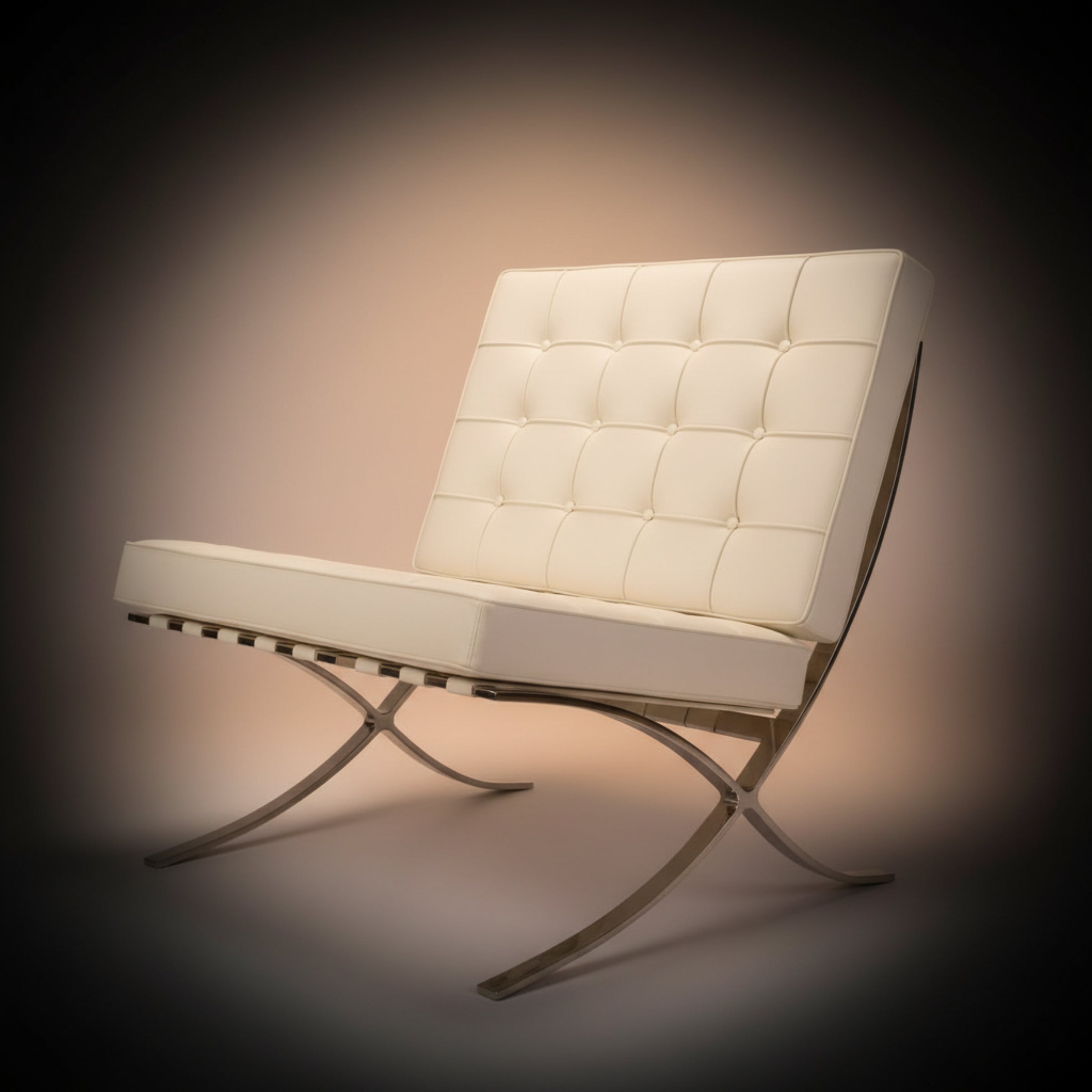 A modern lounge chair with a tufted cream-white leather seat and backrest, supported by a chrome X-frame base.