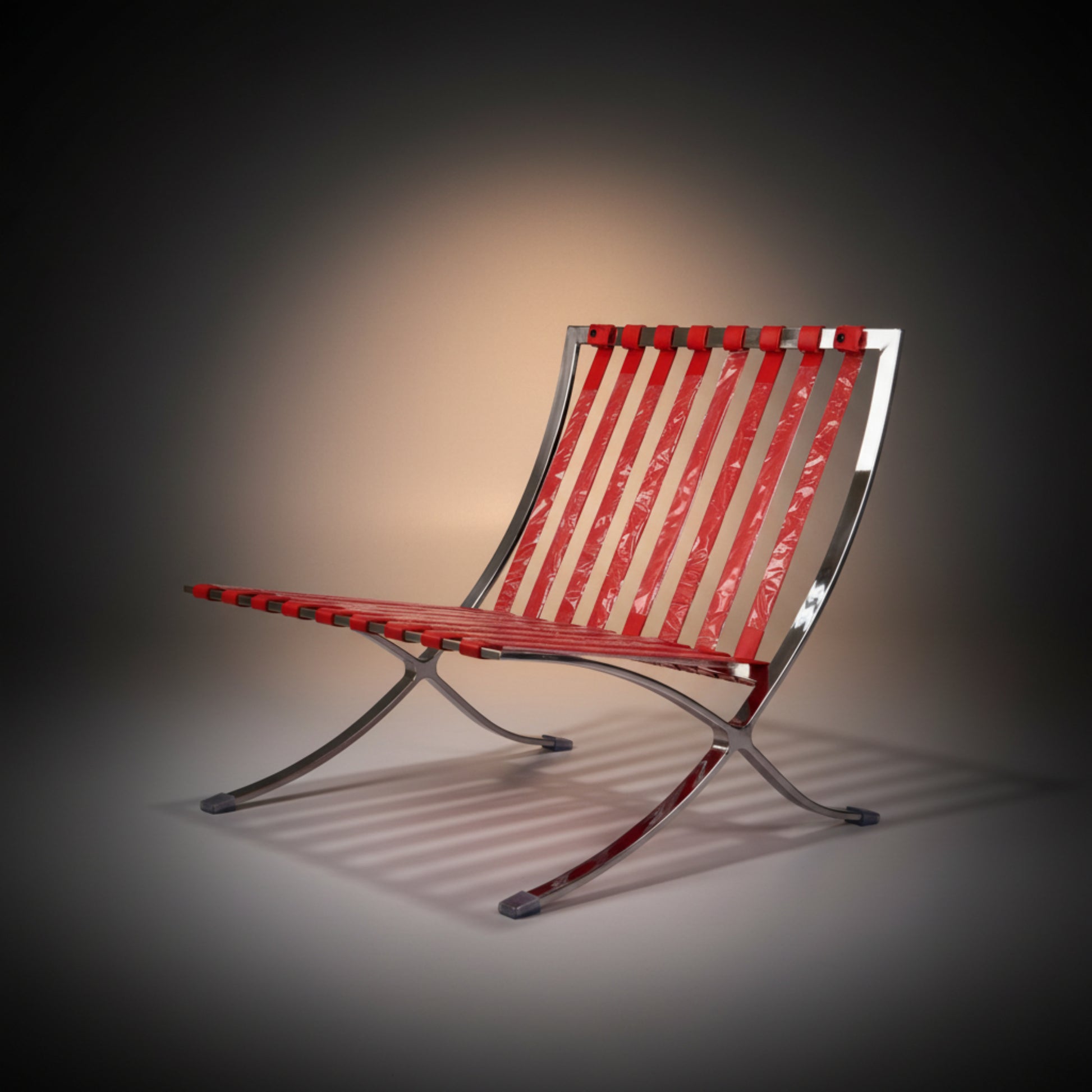 A modern lounge chair with a red woven slatted seat and backrest, supported by a curved polished chrome metal frame