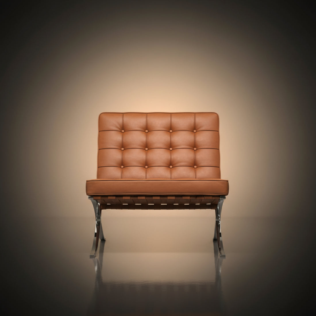 A modern leather armchair with a tufted backrest and chrome legs, centered against a dark vignette background with a warm spotlight effect.