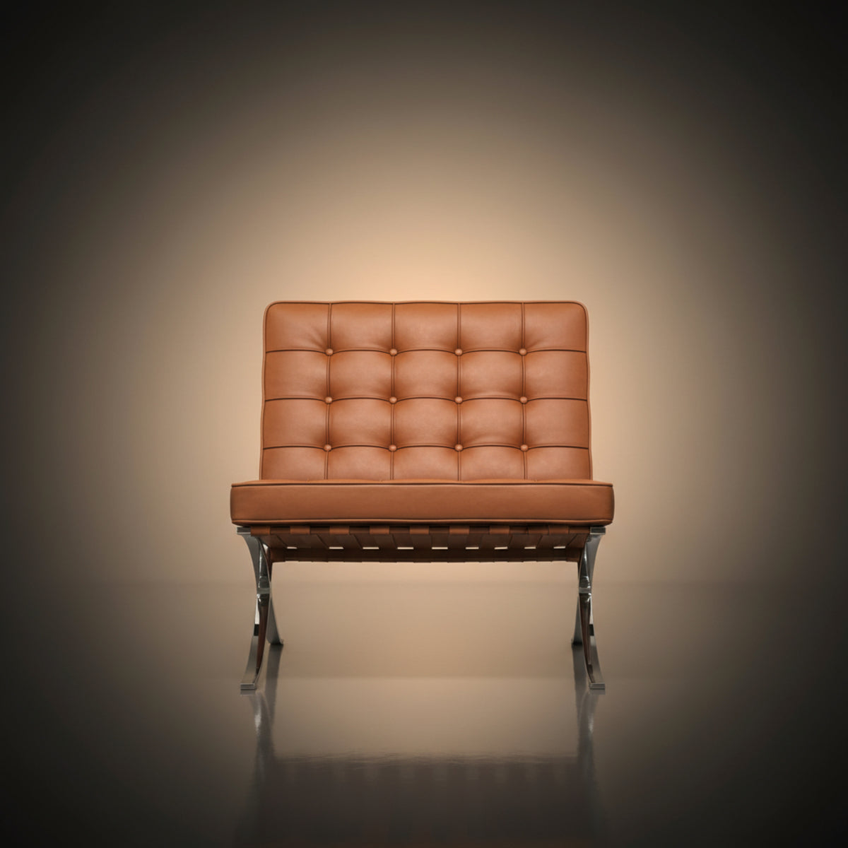 A modern leather armchair with a tufted backrest and chrome legs, centered against a dark vignette background with a warm spotlight effect.