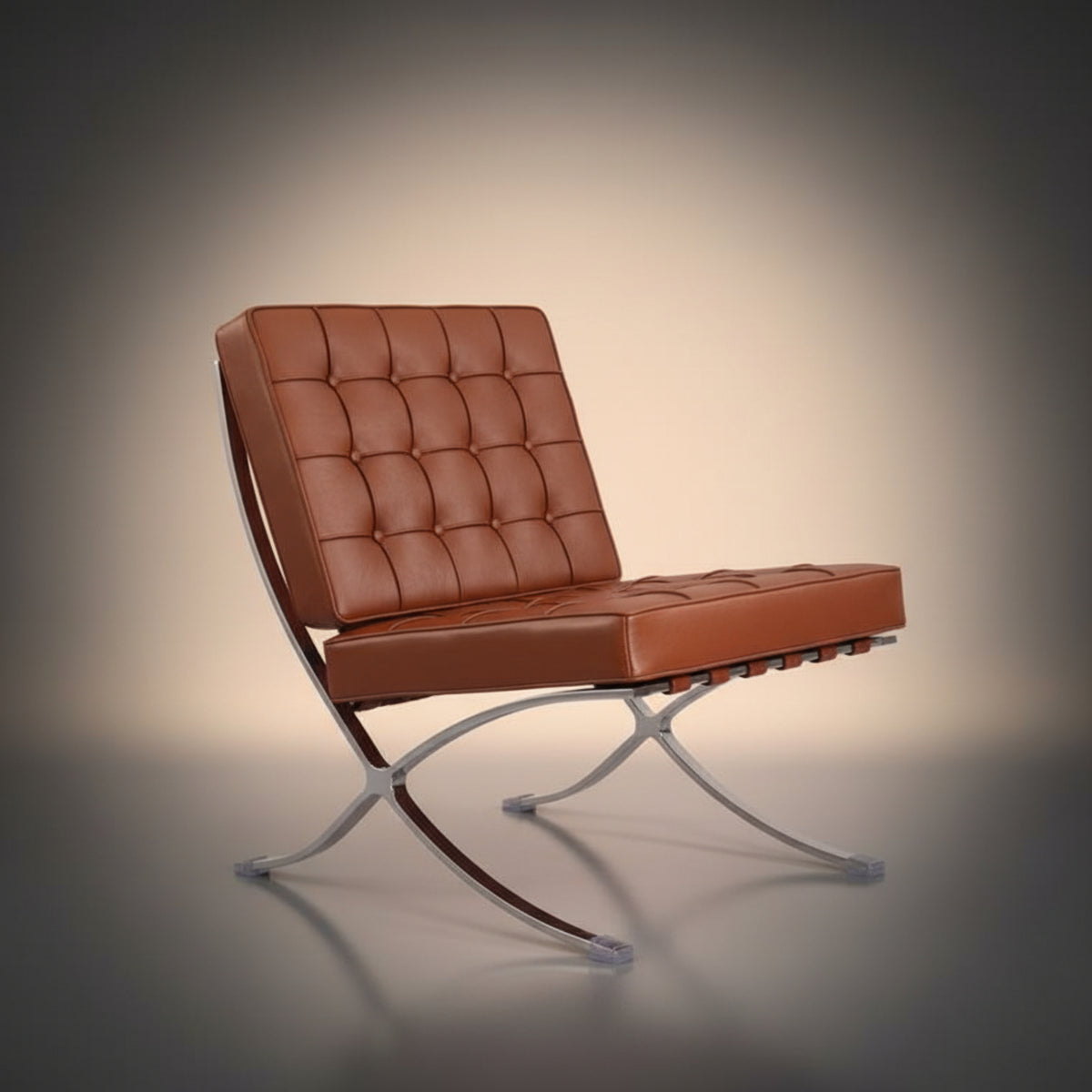A modern leather lounge chair with a tufted brown seat and backrest, supported by a curved chrome metal frame