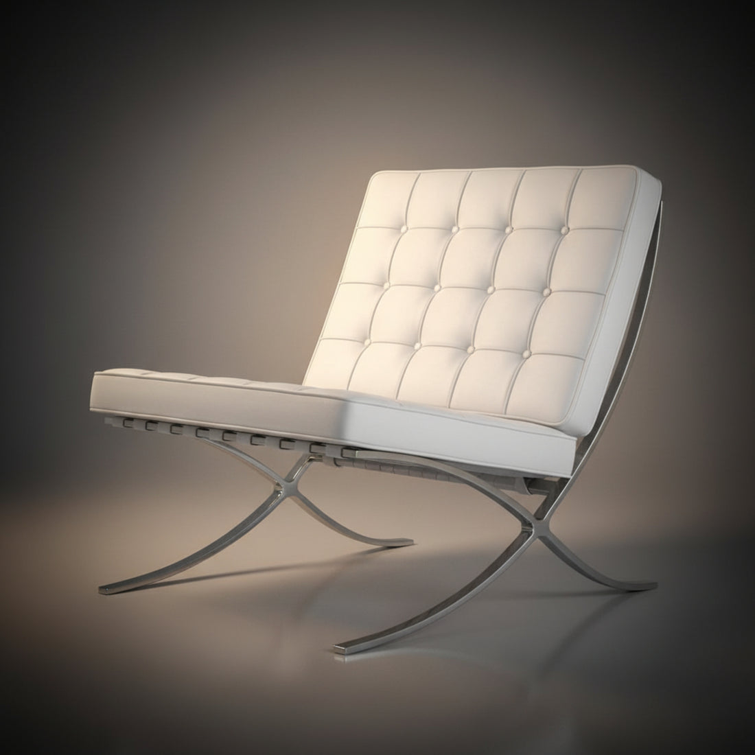 A modern Barcelona-style lounge chair with white tufted upholstery and a chrome X-frame base, shown on a dark gray gradient studio background.