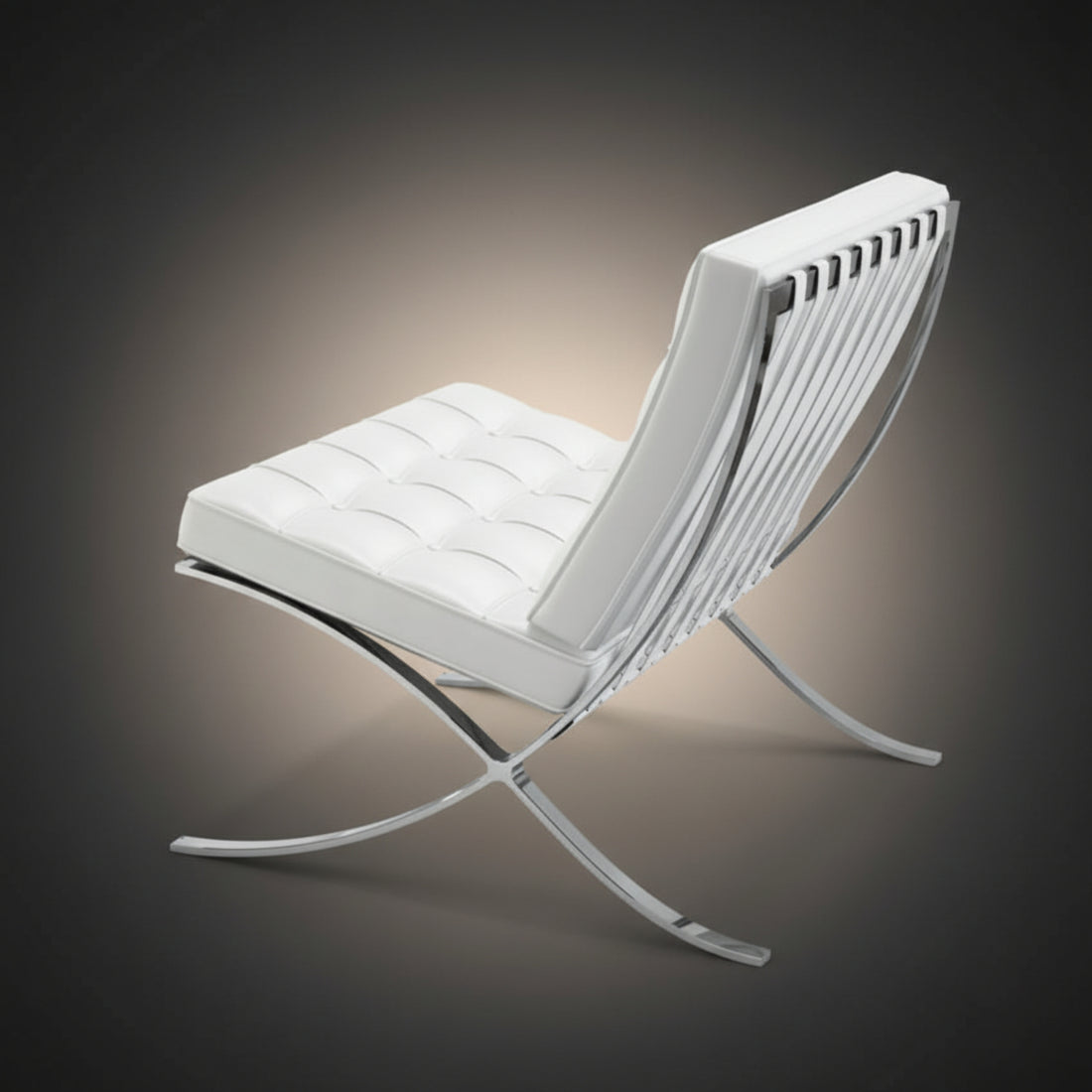 A modern Barcelona-style lounge chair with white tufted upholstery and a chrome X-frame base, shown on a dark gray gradient studio background.
