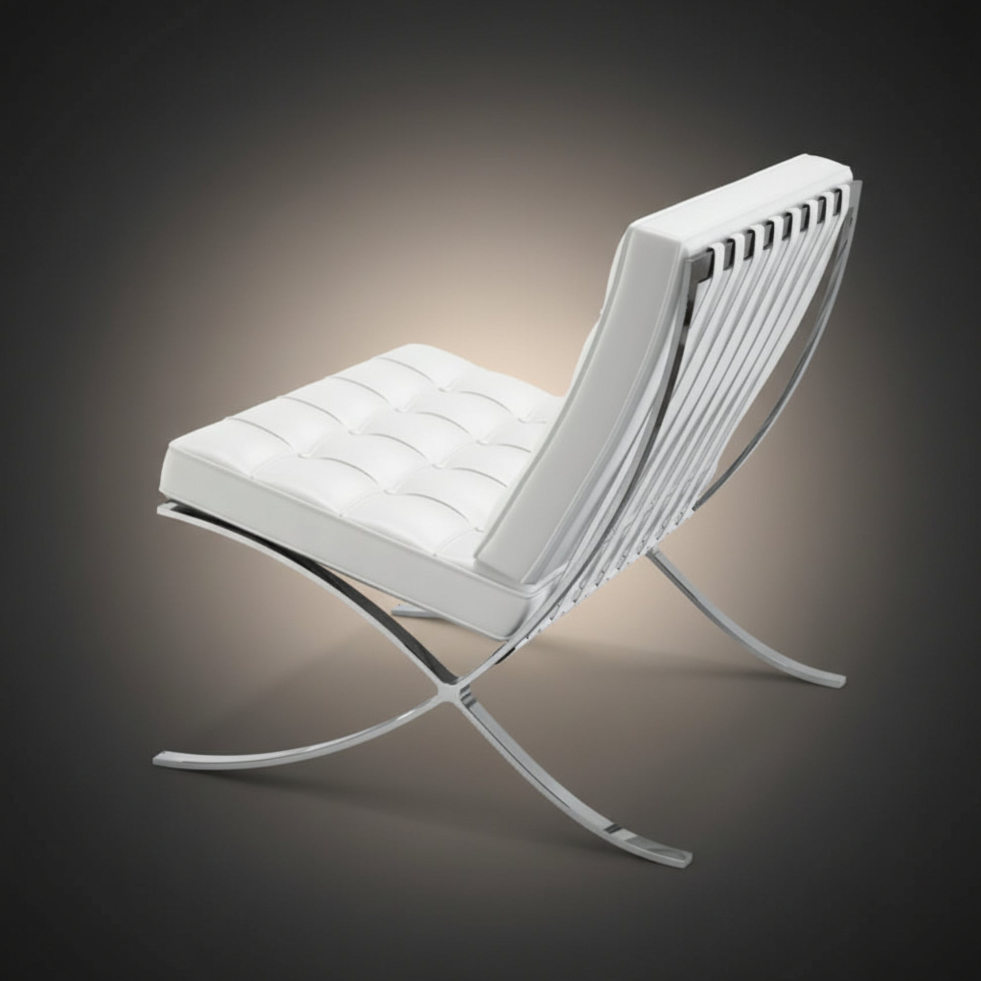 A modern white leather lounge chair with a curved chrome metal frame, shown from a three-quarters angle against a dark gray gradient background.