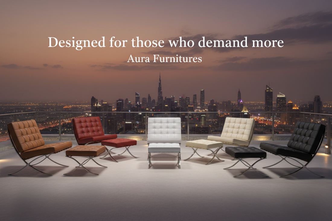 Mies Barcelona Pavilion Chair with Footrest, Tan Brown - Aura Furnitures