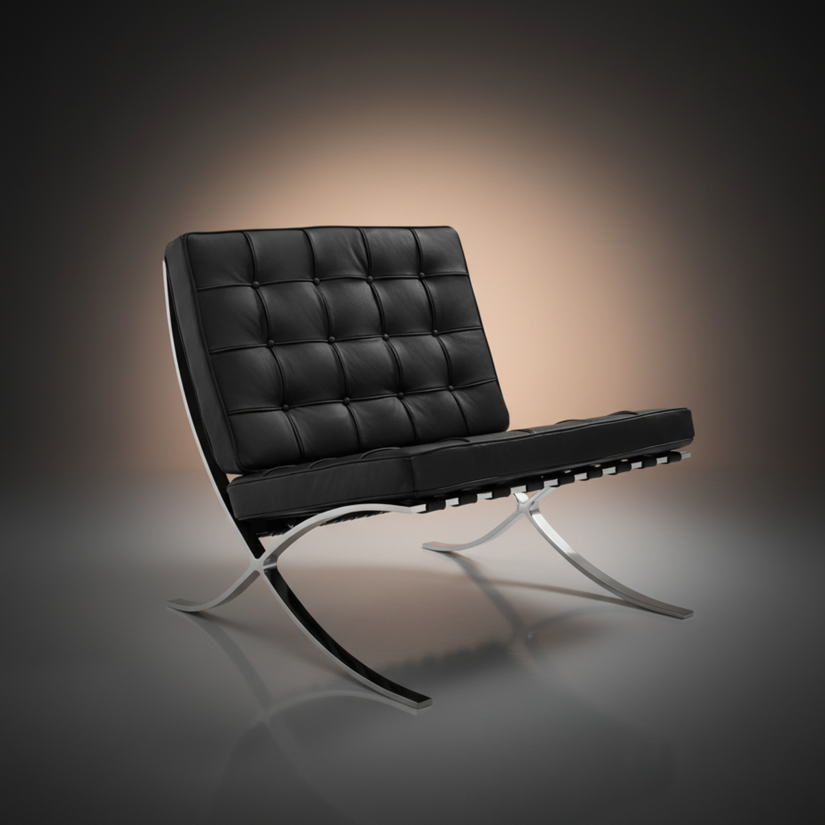 A modern black leather lounge chair with a tufted backrest and curved chrome metal legs.