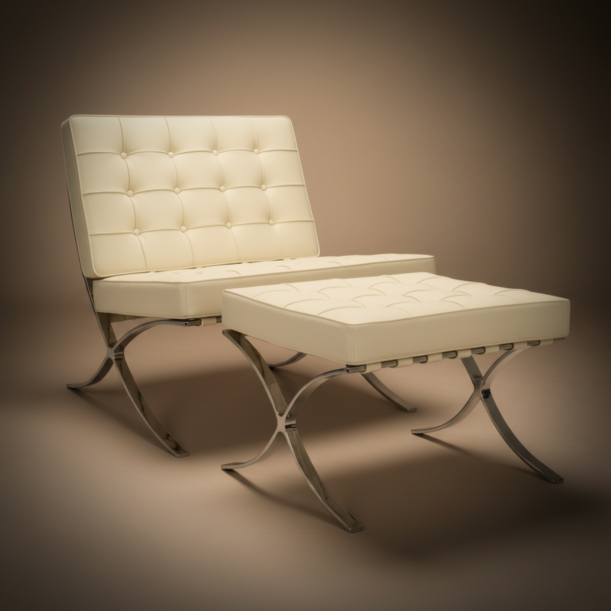 Mies Barcelona Pavilion Chair with Footrest, Ivory White - Aura Furnitures