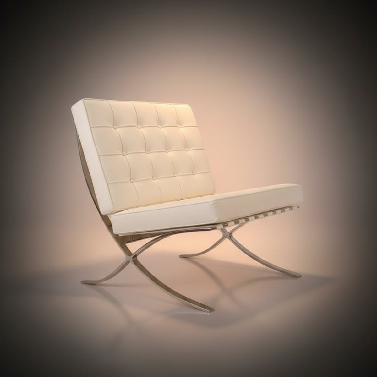 Beige lounge chair with metal frame on a white background barcelona-pavilion-chair-with-ottoman-ivory-white