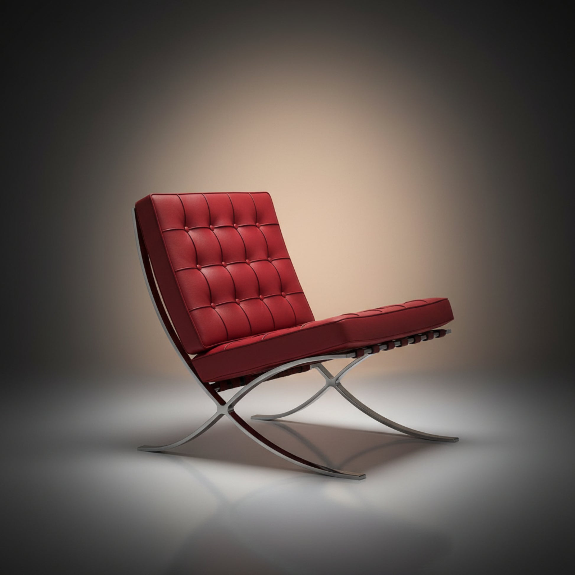 A modern red tufted leather lounge chair with a curved chrome metal base, shown on a dark gray studio background