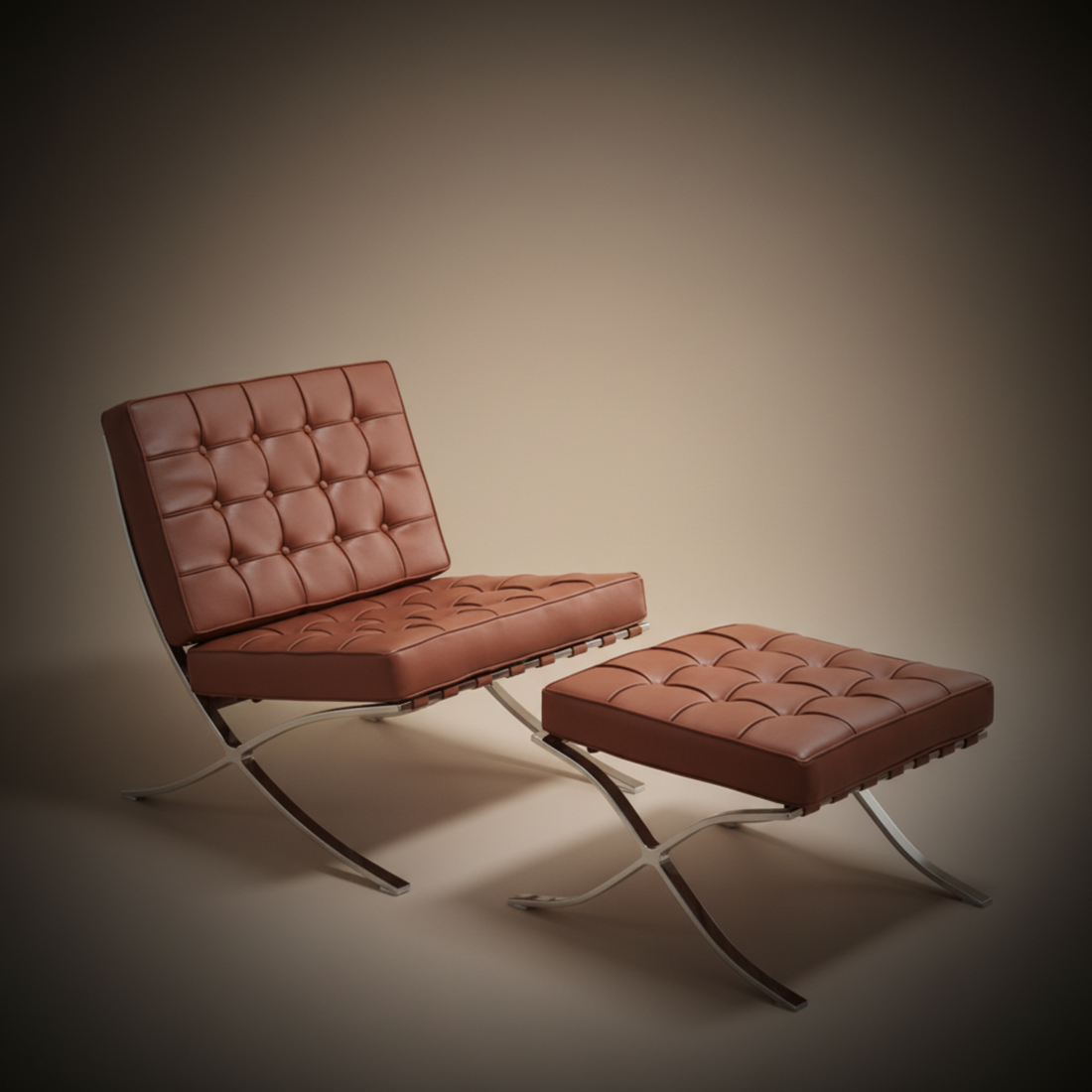 Mies Barcelona Pavilion Chair with Footrest, Tan Brown - Aura Furnitures