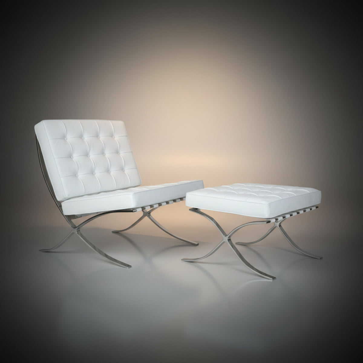 A modern white tufted leather chair with a matching ottoman, both supported by chrome S-shaped metal legs.