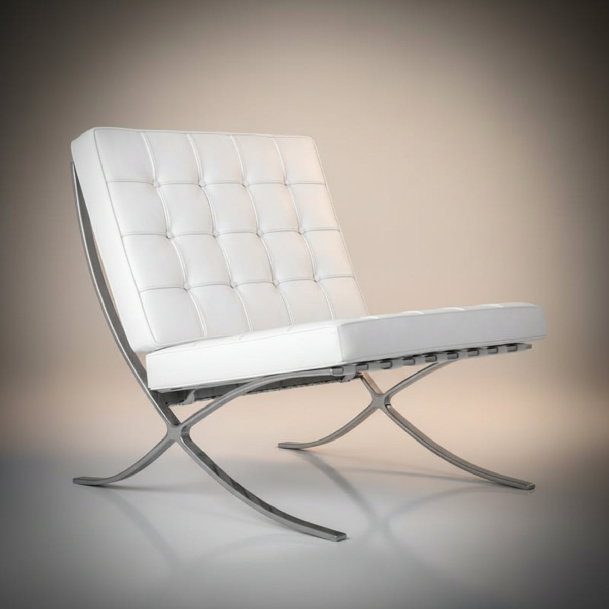 A modern white tufted leather armchair with a curved chrome metal frame, shown on a neutral gradient studio background.