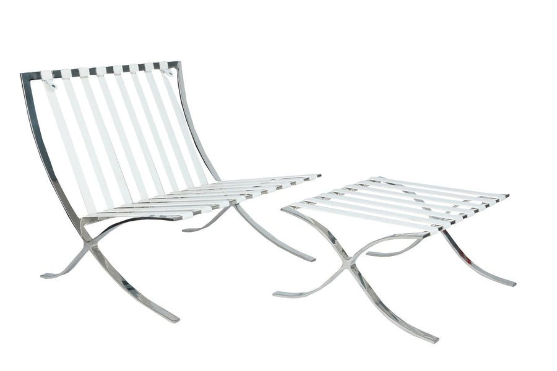 Metallic lounge chair and ottoman on a white background barcelona-pavilion-chair-with-ottoman-white-leather-1