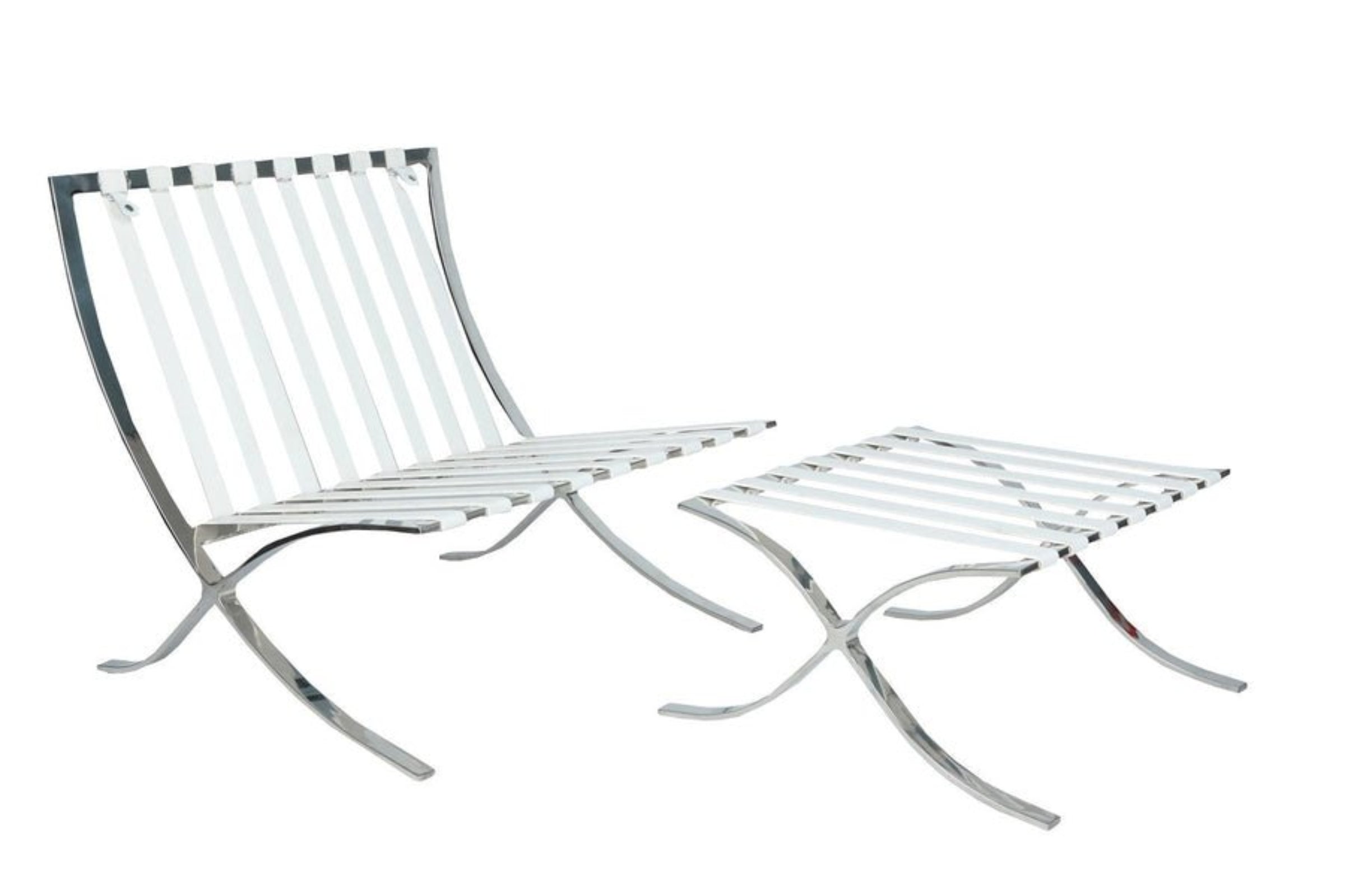 Metallic lounge chair and ottoman on a white background barcelona-pavilion-chair-with-ottoman-white-leather-1