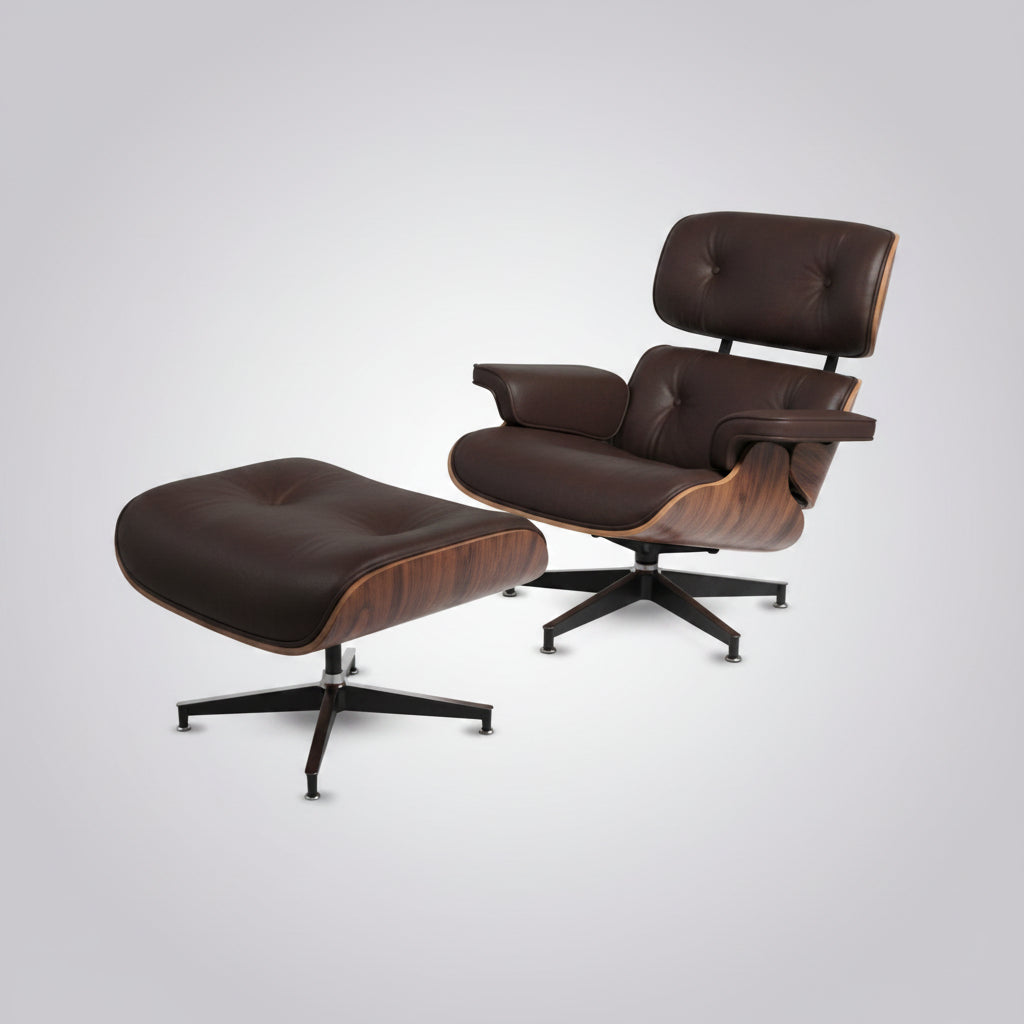 Charles Eames Inspired Iconic Style Lounge Chair & Ottoman - Rosewood & Tan Brown - Aura Furnitures
