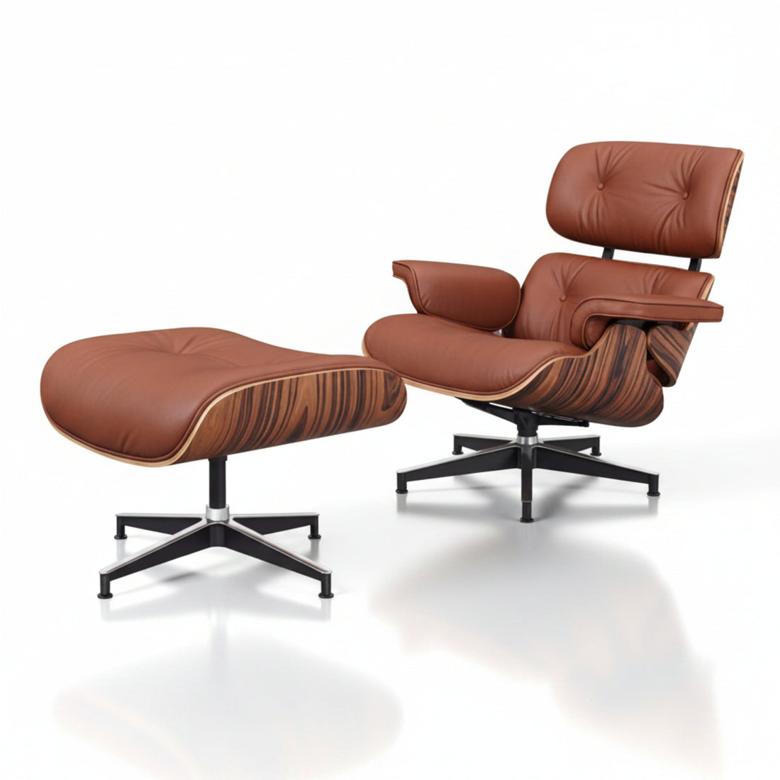 Charles Eames Inspired Iconic Style Lounge Chair & Ottoman - Rosewood & Tan Brown - Aura Furnitures