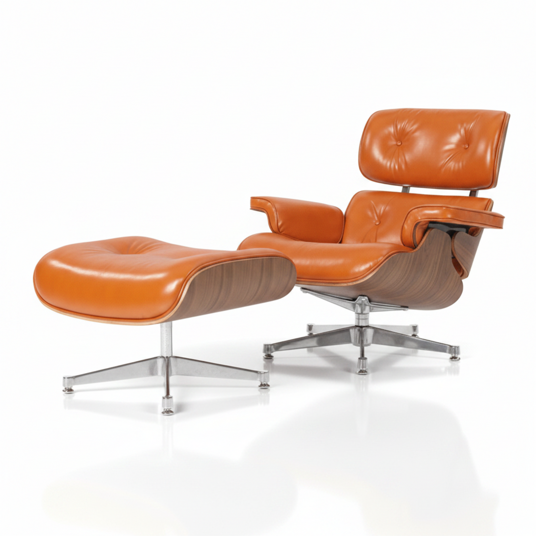 Charles Eames Inspired Mid-Century Iconic Lounge Chair & Ottoman in Burnt Orange Waxed Leather & Walnut Wood - Aura Furnitures