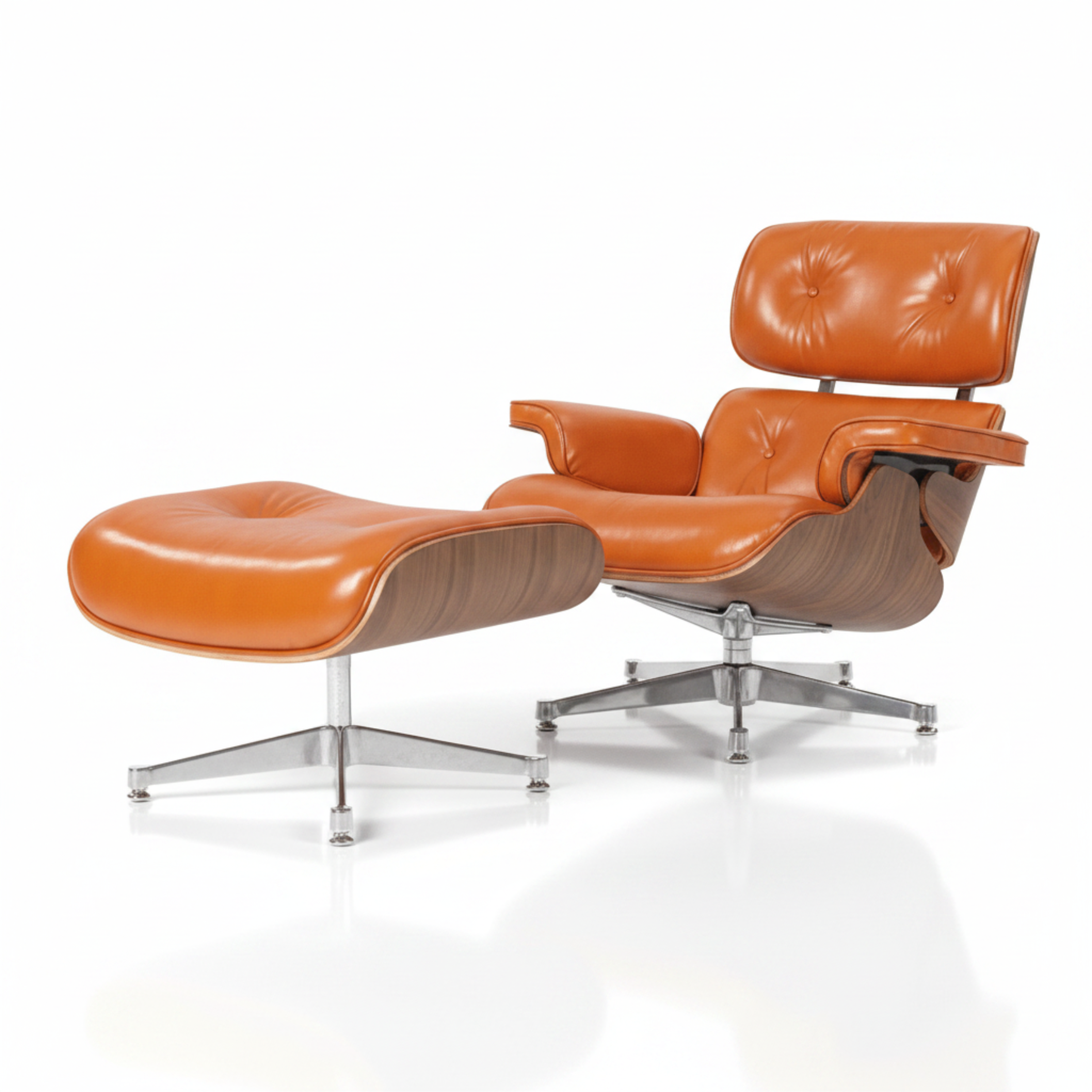 Charles Eames Inspired Mid-Century Iconic Lounge Chair & Ottoman in Burnt Orange Waxed Leather & Walnut Wood - Aura Furnitures