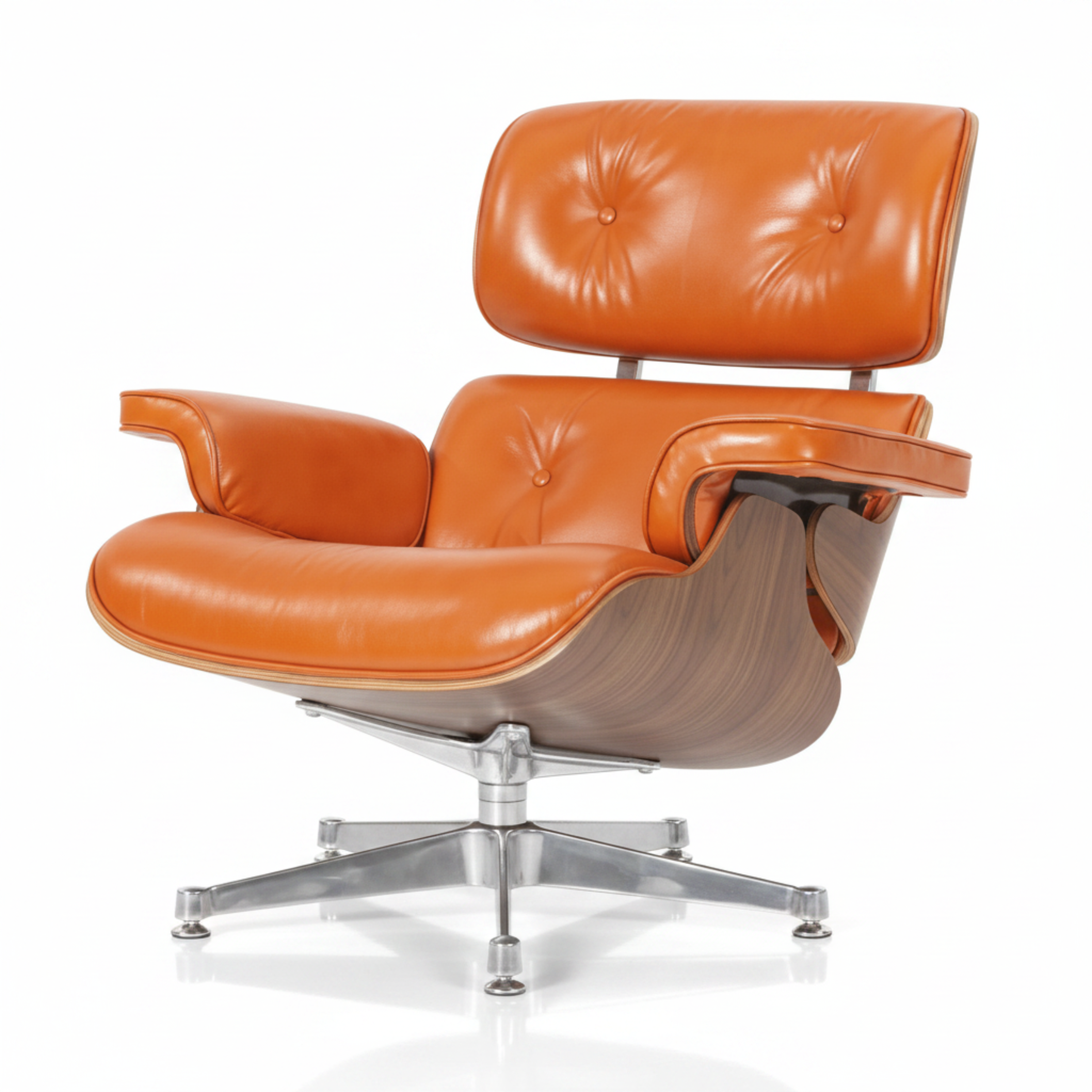Charles Eames Inspired Mid-Century Iconic Lounge Chair & Ottoman in Burnt Orange Waxed Leather & Walnut Wood - Aura Furnitures
