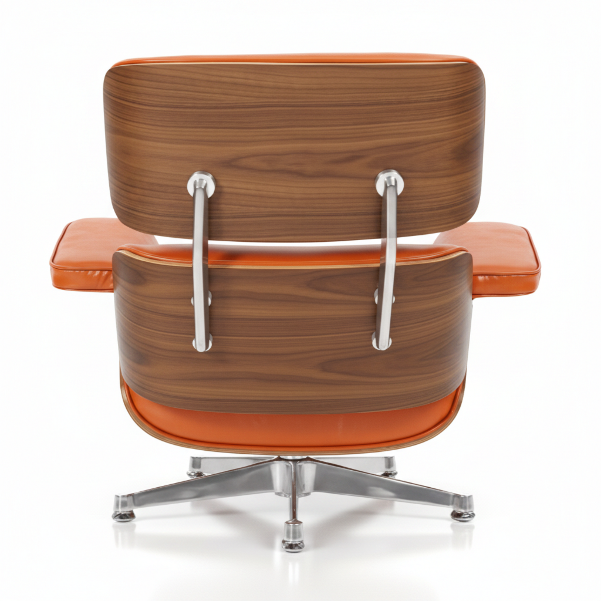 Charles Eames Inspired Mid-Century Iconic Lounge Chair & Ottoman in Burnt Orange Waxed Leather & Walnut Wood - Aura Furnitures