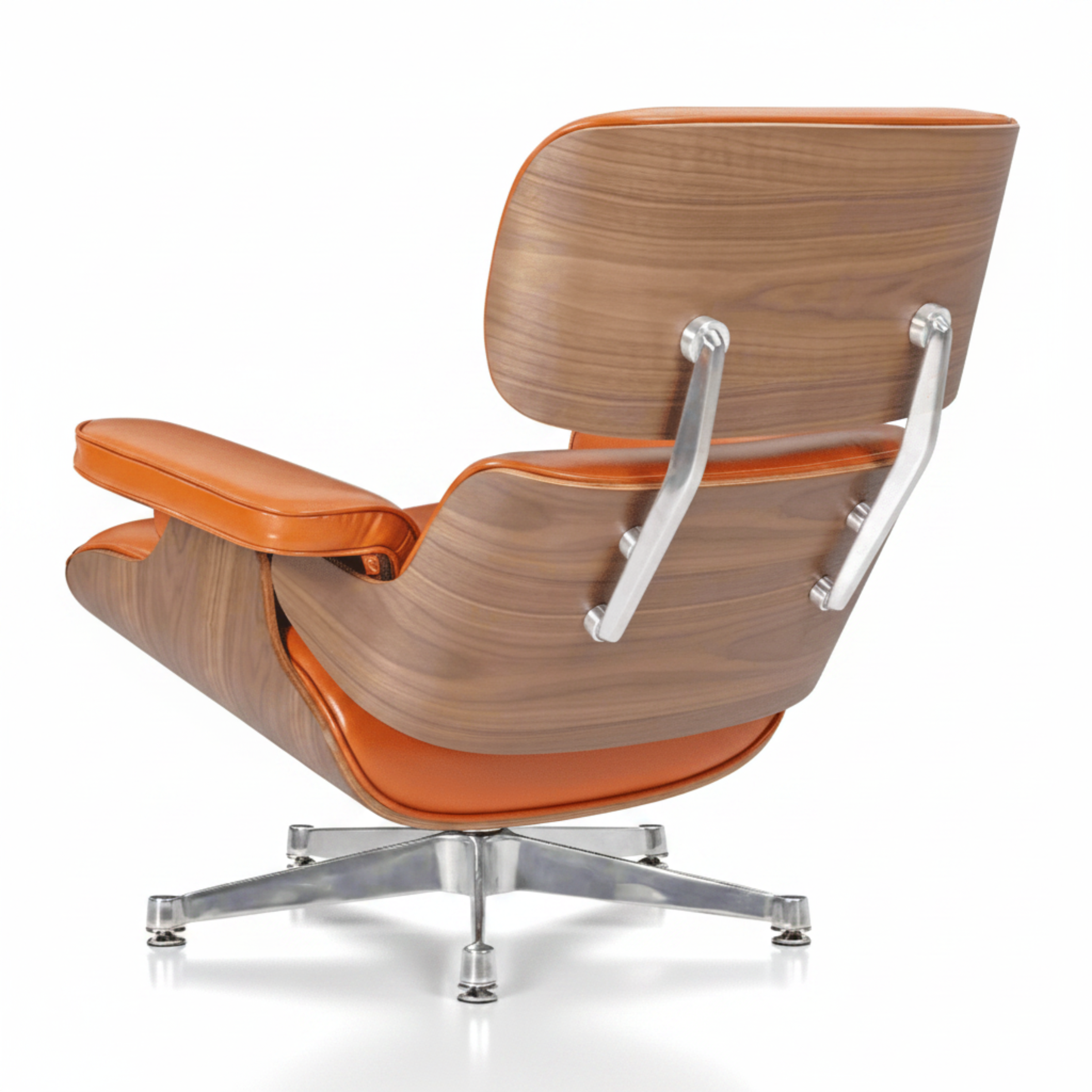 Charles Eames Inspired Mid-Century Iconic Lounge Chair & Ottoman in Burnt Orange Waxed Leather & Walnut Wood - Aura Furnitures