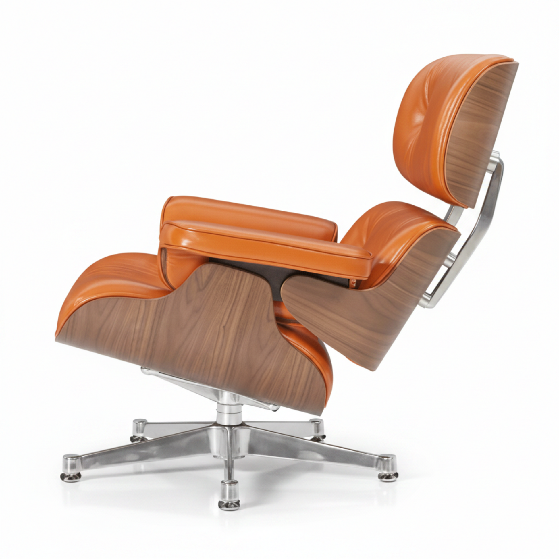 Charles Eames Inspired Mid-Century Iconic Lounge Chair & Ottoman in Burnt Orange Waxed Leather & Walnut Wood - Aura Furnitures