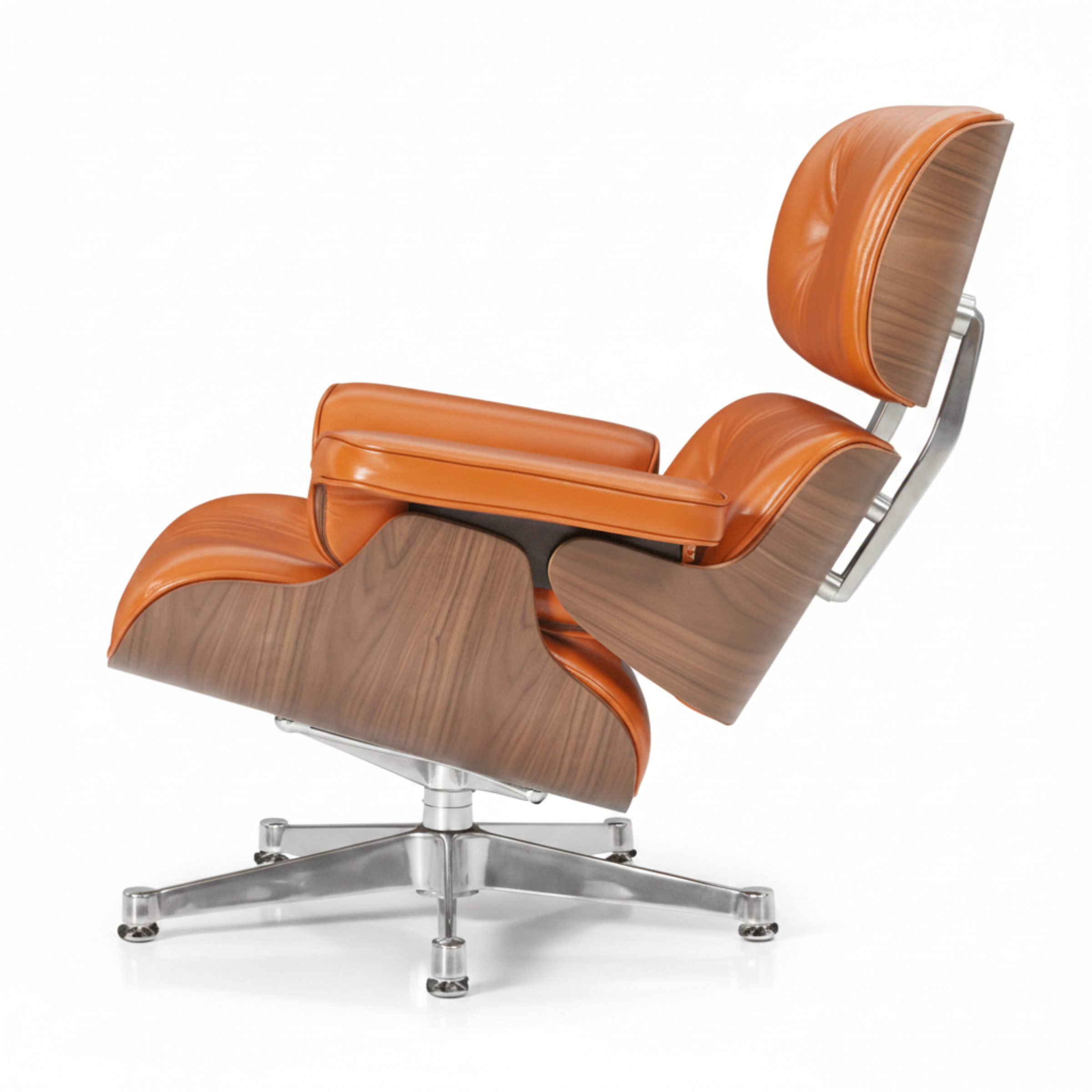 Charles Eames Inspired Mid-Century Iconic Lounge Chair & Ottoman in Burnt Orange Waxed Leather & Walnut Wood - Aura Furnitures