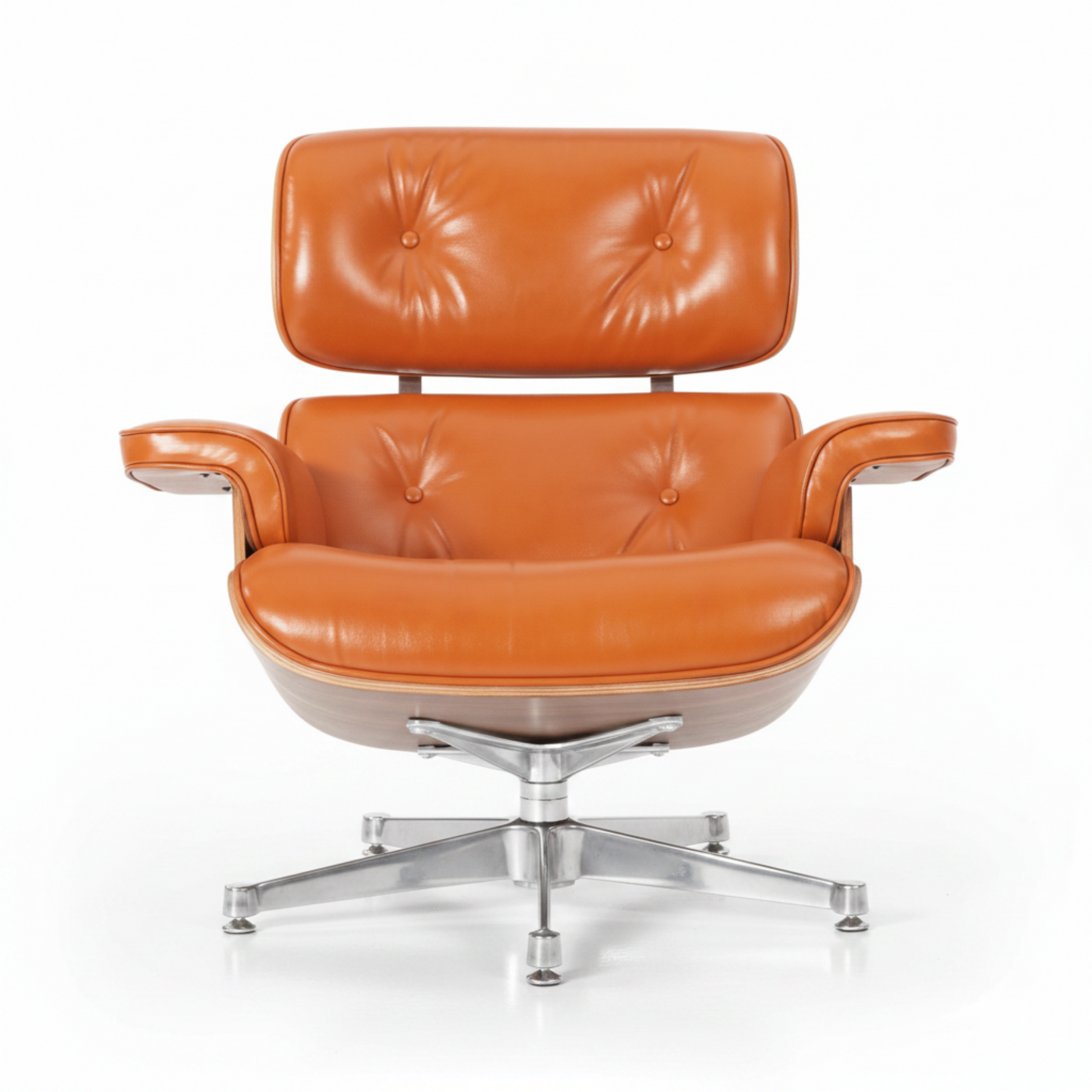Charles Eames Inspired Mid-Century Iconic Lounge Chair & Ottoman in Burnt Orange Waxed Leather & Walnut Wood - Aura Furnitures