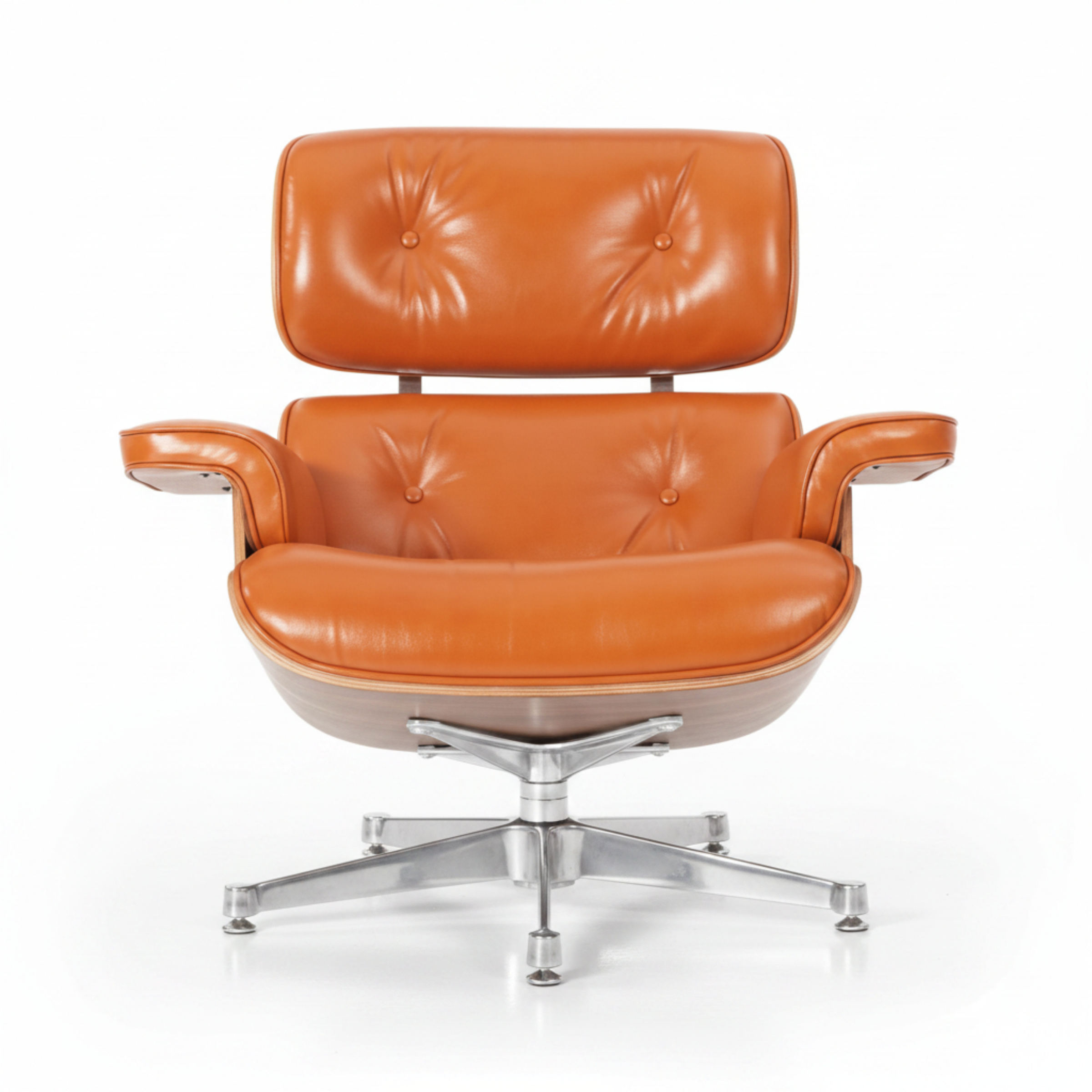 Charles Eames Inspired Mid-Century Iconic Lounge Chair & Ottoman in Burnt Orange Waxed Leather & Walnut Wood - Aura Furnitures